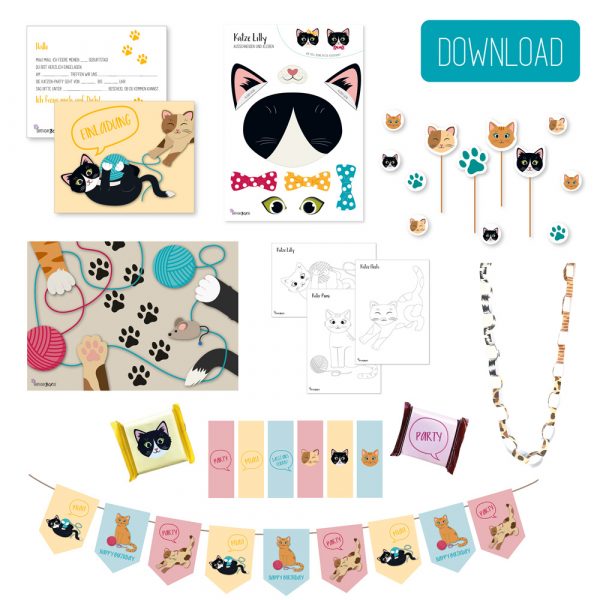 Katzenparty als DIY Download mit Katzen Einladung, Katzen Deko und Bastelbogen