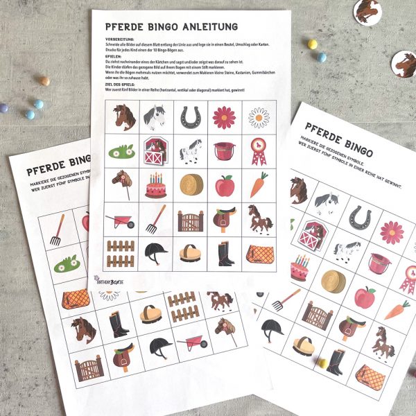 Das Spiel Pferde Bingo mit Anleitung und 10 verschiedenen Spielbögen