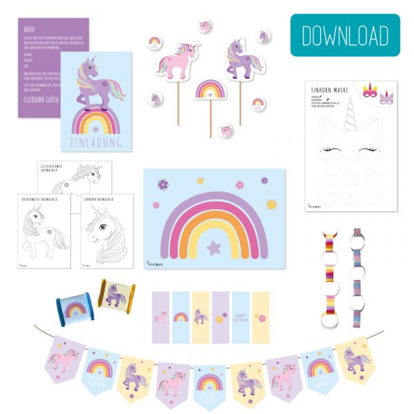 DIY Download für die Einhornparty mit Einladung Einhornparty, Deko Einhornparty und Basteln Einhornparty