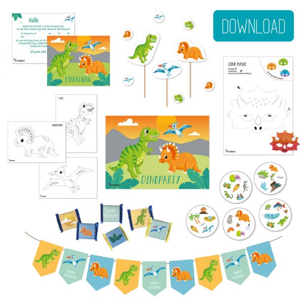 Alles für den Dino Geburtstag: Einladung, Dekoration, Bastelbogen für Dino Maske und Dino Dobble-Spiel