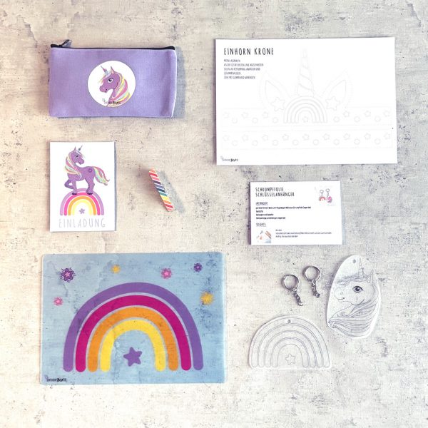 Einhorn Ergänzungsset mit Bastelssets, Einladung, Tischset und Tasche